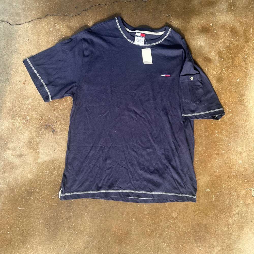 Tommy Jeans T-Shirt Mens XL Navy Blue New Contrast Stitch Sleeve Pocket Tee